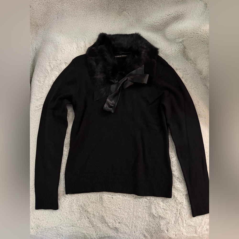 Michelle Nicole Black Sweater with Faux Fur Collar and Silk Tie - Large - NWOT